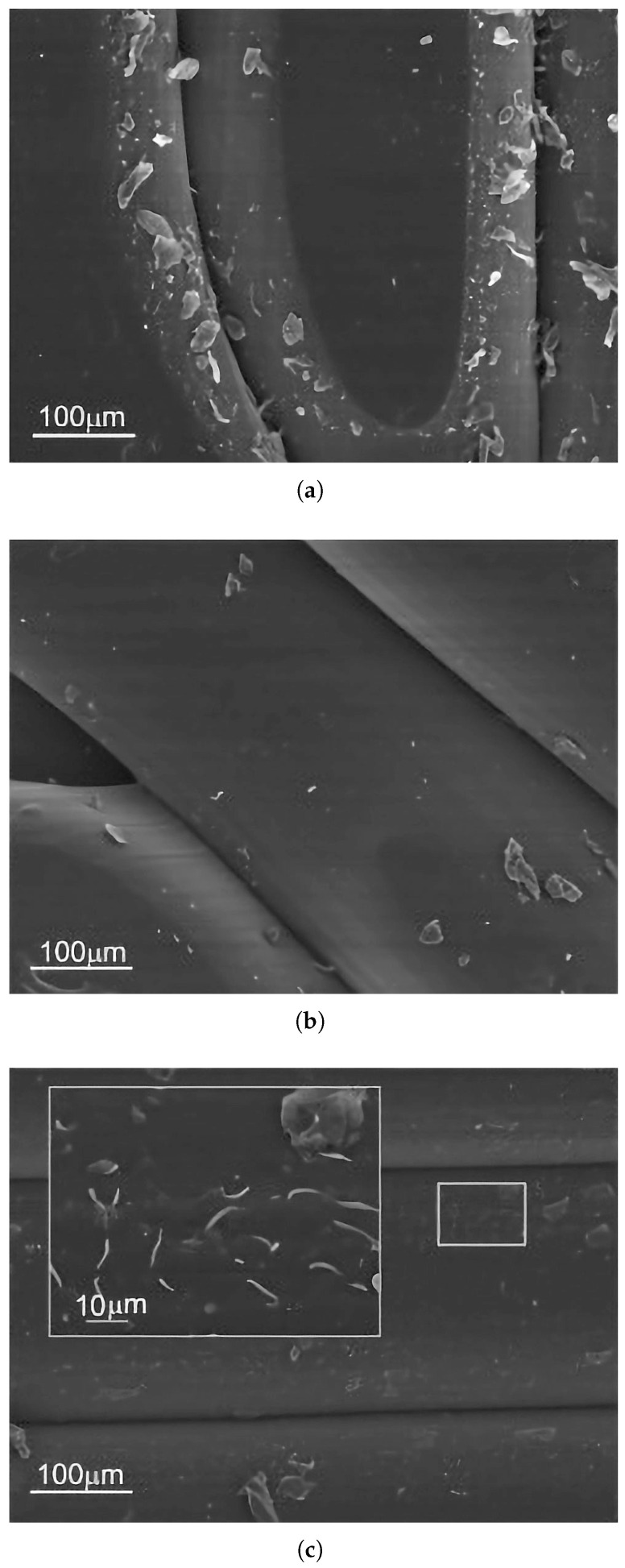 SEM micrographs illustrating the surface morphology of FFF-printed PLA after accelerated aging tests: (a) reference sample; (b) after 500 h of UV ageing; (c) after 500 h of temperature ageing. The images reveal a key technical conclusion: PLA demonstrates high morphological stability under these specific conditions. The surfaces of the aged samples (b,c) remain smooth and structurally intact, showing no significant evidence of micro-cracking or crazing. This finding is technically important as it suggests that while other properties like color or molecular weight may degrade, the physical surface integrity itself is not the primary failure mode for PLA under these aging regimes [2].