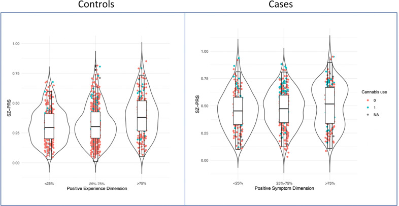 Quantiles of psychosis dimensions in the general population and separately in FEP patients by SZ-PRS.The violin plots show the distribution of SZ-PRS in the EU-GEI sample by individuals classified according to their score at the positive experience and symptom dimensions, separately in population controls (left side) and FEP patients (right side) at different quantiles (0–25% psychotic experiences or symptoms; 25–75% psychotic experiences or symptoms; 75–100% psychotic experiences or symptoms). Explanatory note: Interquartile range, 95% confidence interval, median and mean are illustrated within the bars. The shape on each side of the bars represents the density distribution. Dots indicate current cannabis use in controls and daily cannabis use in patients (red = no; green = yes).