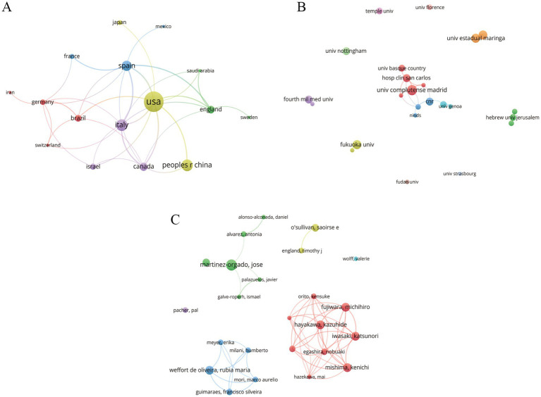 Diagram composed of three network graphs labeled A, B, and C. Graph A shows countries with connections, highlighting the USA as a central node linked to other countries like China, Canada, and Spain. Graph B displays universities and institutions with interconnections, featuring nodes like the University of Nottingham and Complutense University of Madrid. Graph C illustrates individuals with connections, emphasizing names like Jose Martinez Orgado and Kenichi Mishima, grouped by different node colors. Each graph visualizes relationships and connections among the respective entities.