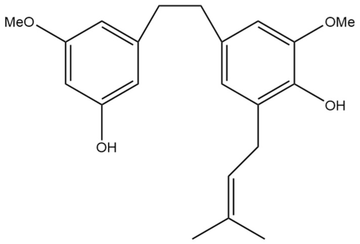 Structural diagram of 3,4′-dihydroxy-5,3′-dimethoxy-5′-isoprenylbibenzyl (MW 342.43).