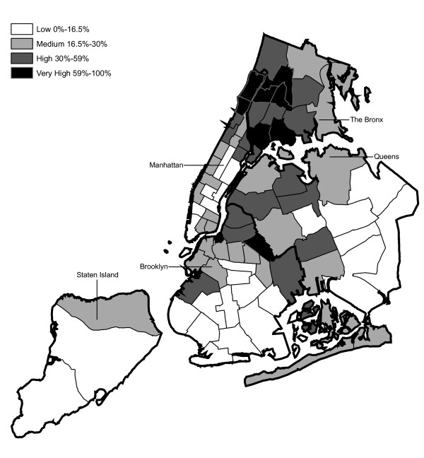 Distribution of Hispanic Residents across NYPD Precincts (2000 Census Data).