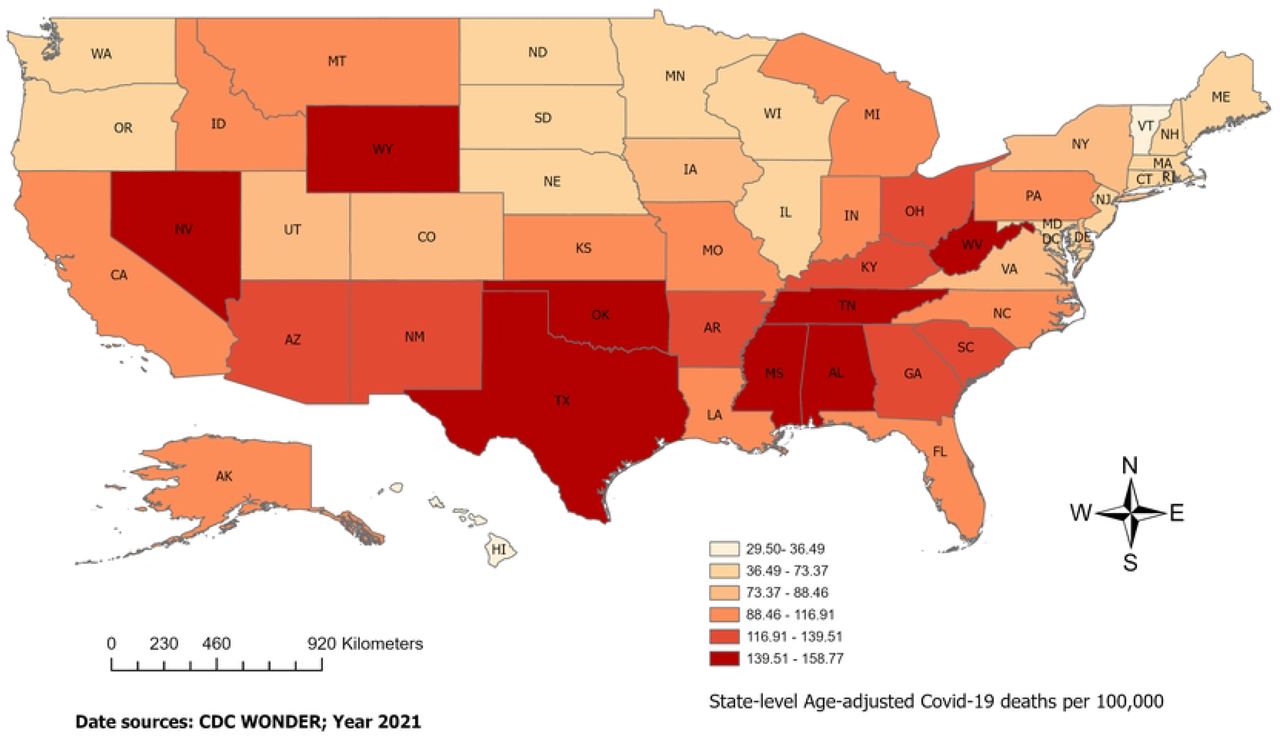 Age-Adjusted COVID-19 mortality distribution across US states in 2021.The Northern states showed a lower rate of cumulative COVID-19 mortality in 2021.