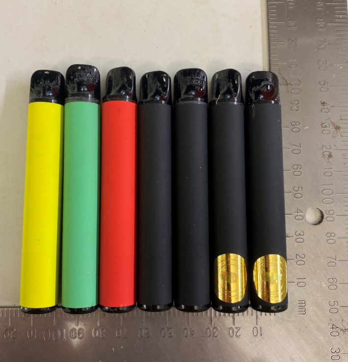 The seven unlabelled disposable vape samples volunteered for analysis (from left to right: samples 1–7).