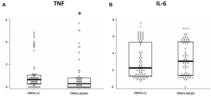 TRPV1 SNP rs222747 modulates central TNF levels in MS. TNF (A) and IL-6 (B) concentrations are shown in logarithmic scale. Higher CSF levels of TNF are observed in the TRPV1 rs222747 “CC” group. Mann–Whitney: *p = 0.01.