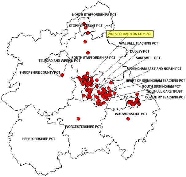 Geographical mapping of cases with the Mercian strain in the West Midlands between 2004 and 2008.Primary Care Trusts (PCTs) are regional NHS organizations in England that provide primary and community care. The city of Wolverhampton where the focused epidemiological investigation was undertaken is highlighted in yellow. The postcode map was produced under license by ©Crown Copyright and database right 2010. Ordnance Survey License 100016969/100022432.