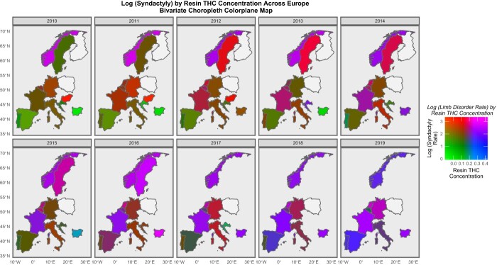 Bivariate colorplane sequential map graph series of log rates of syndactyly anomalies by cannabis resin THC concentration across Europe for studied nations. Relative rates are as described in the colorplane key