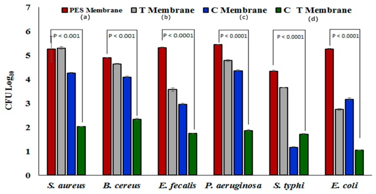 Graph showing bacterial decline in the (a) pure polyethersulfone (PES) membrane, (b) terpene embedded polyethersulfone (T-PES) membrane, (c) cannabinoid embedded polyethersulfone (C-PES) membrane, and (d) cannabinoid and terpene embedded polyethersulfone (CT-PES) membrane.
