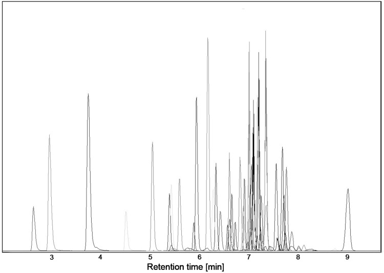 Combined multiple reaction monitoring chromatogram of the extract of whole blood spiked with analysed compounds at the concentrations of 10 ng/mL each