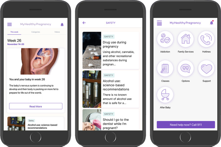 MyHealthyPregnancy sample screens offering substance use–related content and resources.