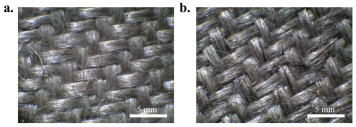 Optical microscopy images (magnification 5×) of (a) flax and (b) hemp scraps.