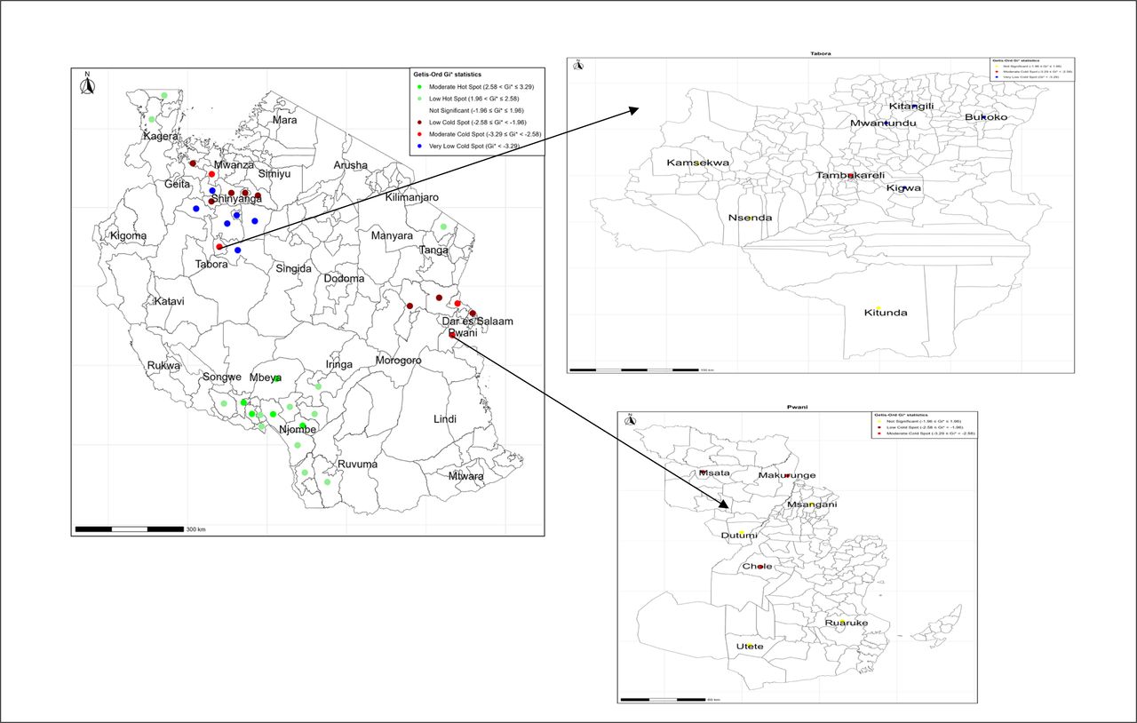 The spatial distribution of low measles-rubella (MR) vaccination coverage hot and cold spots in Tanzania Mainland, based on Getis-Ord Gi* statistical analysis of MR Survey 2024. The left panel shows regional-level clustering across the country, while the right panels display sub-regional clustering within Tabora (top) and Pwani (bottom) regions.