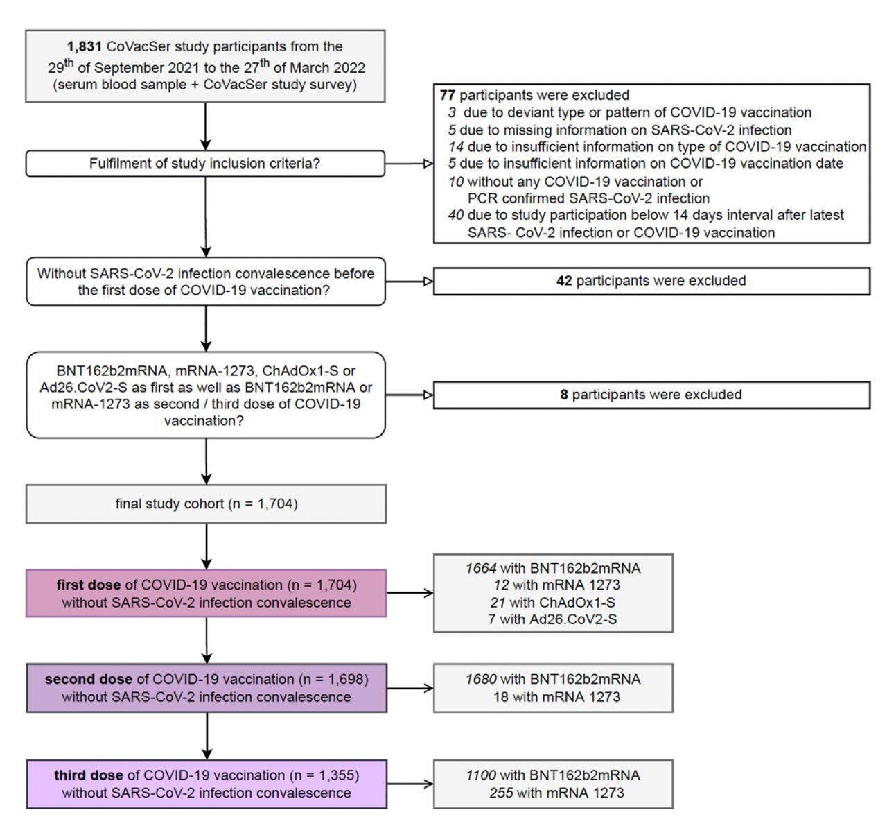 Recruitment of study participants and characterisation of final study population separated by number of doses and type of COVID-19 vaccine