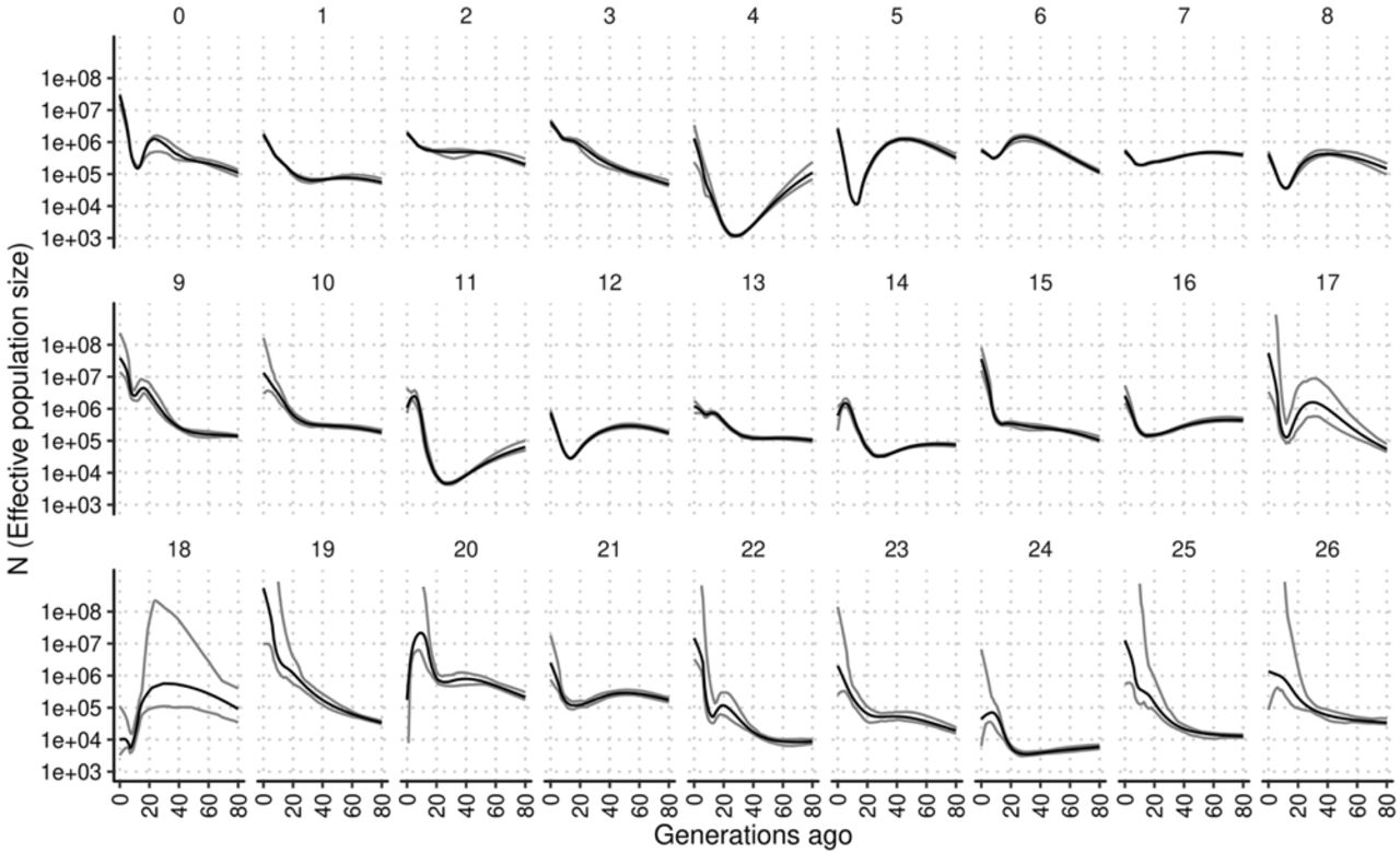 Effective population sizes in the genetic clusters in MGBBThe horizontal axes show generations ago. The vertical axes show the estimated population size. Numbers on the top of panels show the cluster identification. The black lines show the estimates and gray lines show 95% confidence interval.