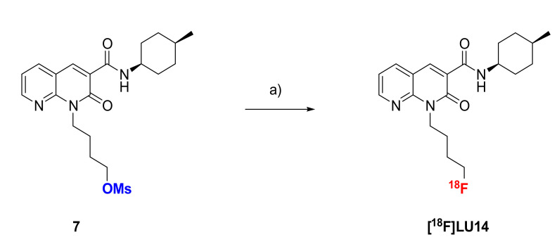Radiosynthesis of [18F]LU14. Reagents and conditions: a) [18F]K2.2.2., K2CO3, DMSO, 150 °C 10 min.