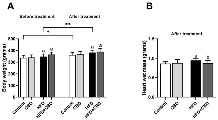 Body and heart weights parameters before and/or after 2-week cannabidiol (CBD) treatment in rats fed a standard diet (Control) or a high-fat diet (HFD). The results are expressed as mean values ± SD and are based on ten independent determinations in each experimental group. a p < 0.05 significant difference vs. respective control group, this refers to Figure 1A,B; b p < 0.05 significant difference vs. high-fat-fed group, this refers to Figure 1B; * p < 0.05 significant difference between control groups before and after CBD treatment ** p < 0.05 significant difference between high-fat-fed groups before and after CBD treatment.
