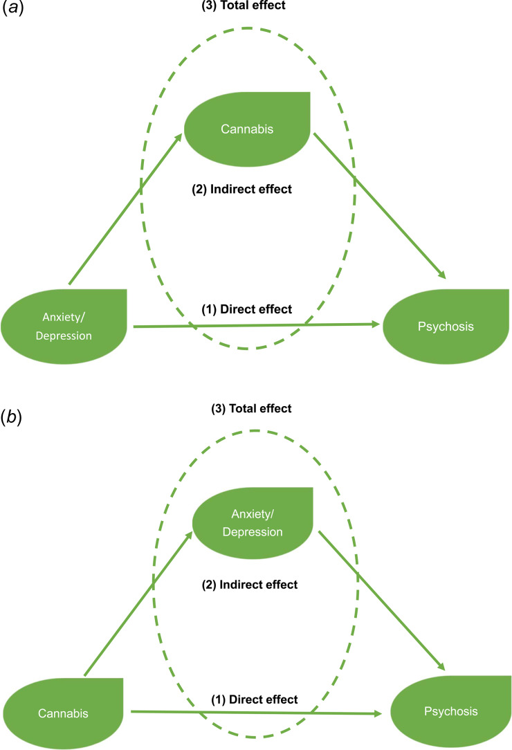 (a) and (b) illustrate hypothesized mediational model pairs. In (a) the model examines cannabis as a mediator of the effects of Anxiety/Depression on Psychosis outcomes. In (b), the model examines Anxiety/Depression as a mediator of the effects of Cannabis on Psychosis outcomes.