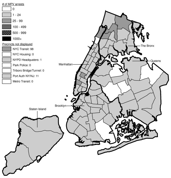 Marijuana in Public View Arrests by NYPD Precinct in 1992 (n = 672).