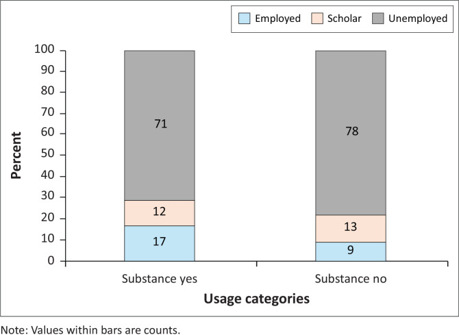 Percentage of patients in the study who used (substance yes) or did not use (substance no) substances by employment status.