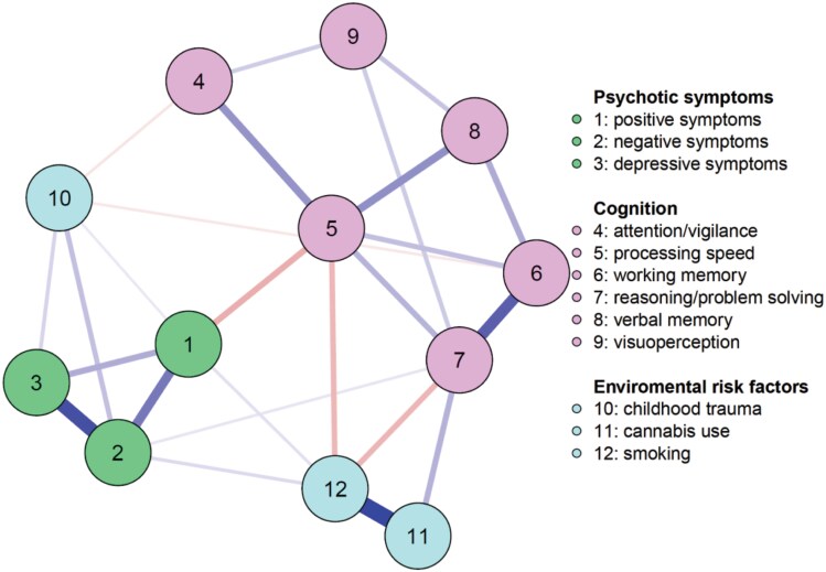 Average Estimated Network on the Sample of Patients, Siblings, and Controls. Positive Edges Are Shown in Blue, and Negative Edges Are Shown in Red. A Stronger Partial Correlation Is Represented by a Thicker, More Visible Edge. To Increase Readability, We Have Renamed Some of the Variables. Attention/Vigilance Represents the Measure of the Continuous Performance Test, Processing Speed Is Measured With the WAIS-III Digit Symbol Substitution, Working Memory Is Measured with the WAIS-III Arithmetic, Reasoning/Problem Solving Is Measured with the WAIS-III Block Design Test, Verbal Memory Is Measured With the Auditory Verbal Learning Test, and Visuoperception is measured With the Benton Facial Recognition test