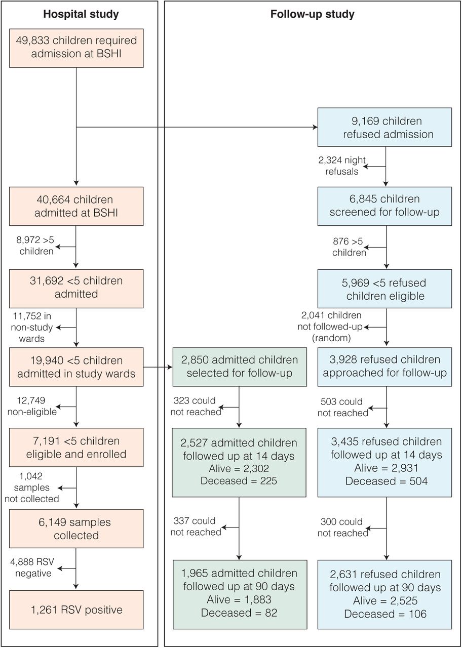 Flowchart of Sample Collection and Patient Follow-Up.The figure illustrates the process of sample collection and subsequent patient follow-up for children under five admitted to BSHI or refused admission due to unavailability of bed. Reasons for failures of sample collection and details on those lost to follow-up are provided in Supplementary Appendix Tables S2, S4 - S7.