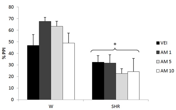 %PPI of Wistar rats (WRs) and spontaneously hypertensive rats (SHRs) treated with vehicle (VEH), 1, 5, or 10 mg/kg AM404 (AM). *p < 0.001 compared to WRs. Three-way repeated measures ANOVA followed by Dunnett’s test. Data are reported as mean ± SE.
