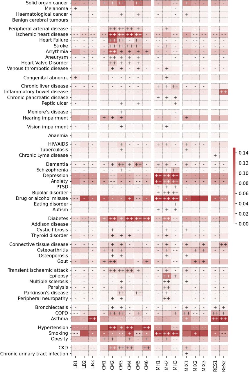 Disease prevalence across clusters in 2,645,250 males from CPRD, shown by cluster specific weighted frequency (c-DF-IPF) and symbols indicating the Z-score differences from Chi-squared tests (++ ≥ 50, 50 > + ≥ 10, - - ≤ −50, −50 < - ≤ −10). LB: low burden, CM: cardiometabolic, MH: mental health, MIX: mixed, RES: respiratory