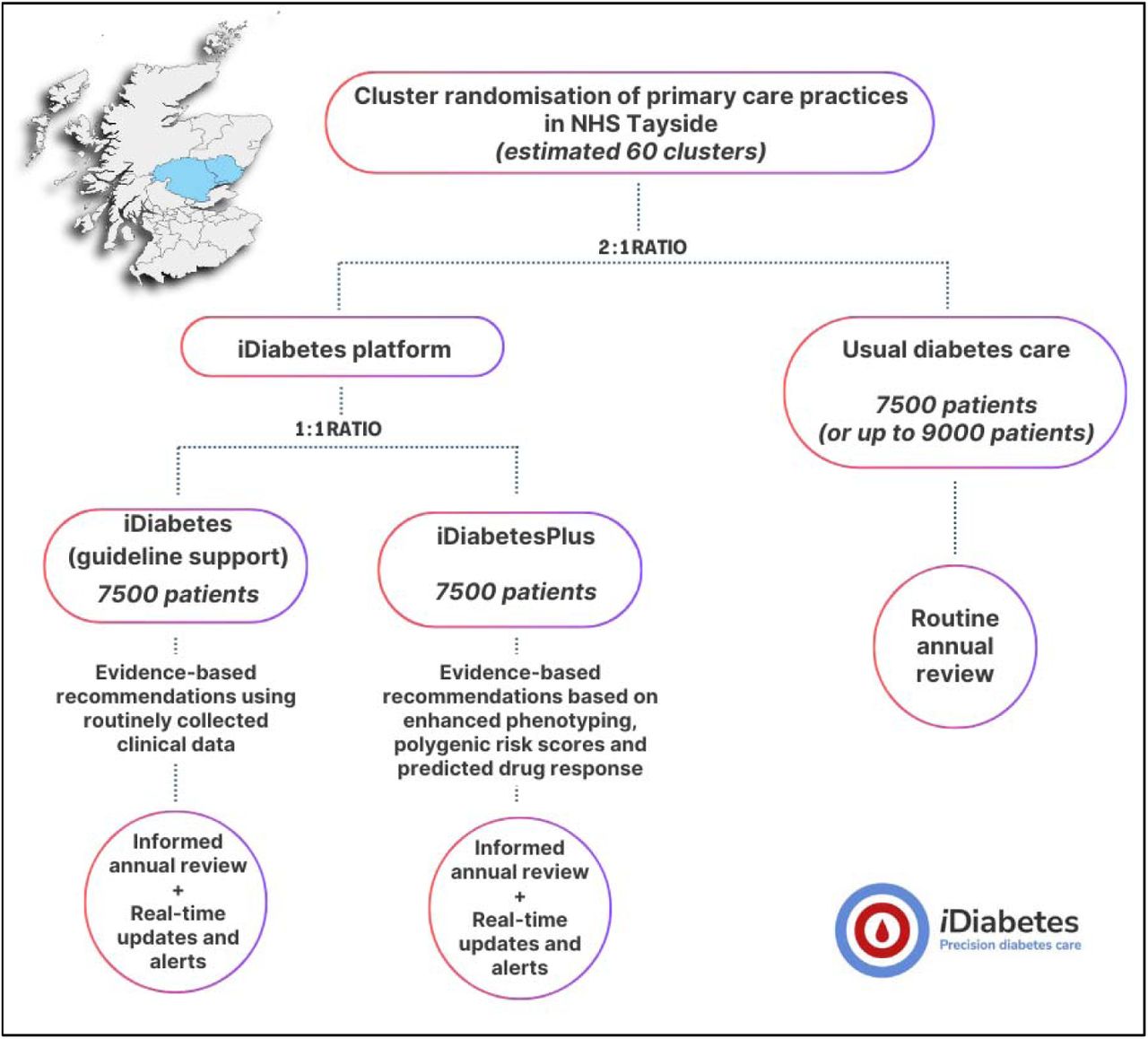 Cluster randomisation with each GP practice forming a cluster. Map at the top left corner of the figure shows the geographical area covered by NHS Tayside health board in Scotland (generated via paintmaps.com).