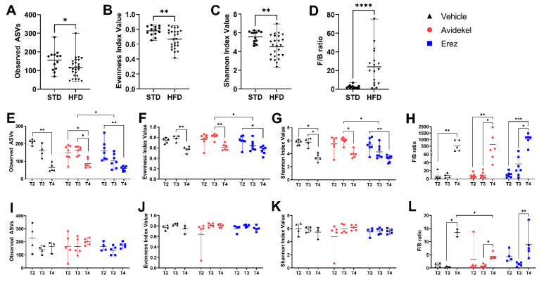 Alpha diversity and F/B ratios of gut microbiota in mice. Fecal samples were taken at various time points (T1—a month after starting HFD; T2—a day before the start of treatment; T3—one day after the start of the treatment; and T4—day of sacrifice), and gut microbiota were analyzed. The gut microbial richness was estimated by observed species; the diversity was evaluated by using the Shannon index; and Evenness was measured by using the Shannon Evenness index. Alpha diversity metrics: richness, evenness, diversity, and Firmicutes/Bacteroidetes ratio at T1 (A–D), HFD-fed mice (E–H), and STD-fed mice (I–L). The line shows the average, and the whiskers show the minimum and maximum (n = 4–7). * p < 0.05, ** p < 0.002, *** p < 0.001, **** p < 0.0001. Statistical significance was calculated by using non-parametric Mann–Whitney (A–D) and Kruskal–Wallis (E–L) tests.