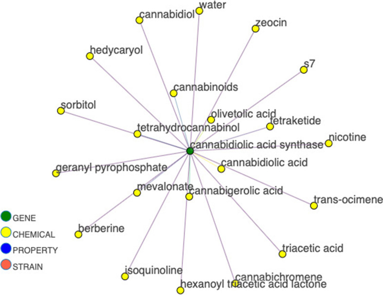 Synthase gene to therapeutic property linkage. Example of gene to property linkage for CBDA synthase