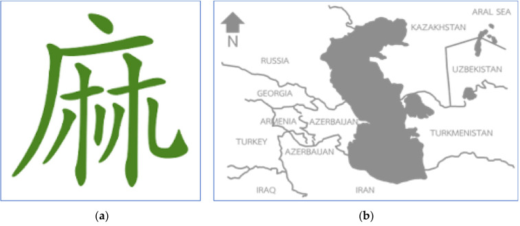 The evolution of the Chinese characters of the word “Cannabis sativa” or “Ma” (a) and the place of origin of the cannabis plant in the southern Caspian sea near Iran (b).