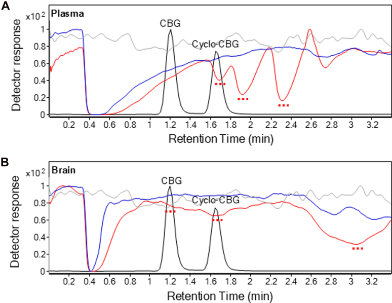 Matrix effects for CBG (Multiple Reaction Monitoring transition m/z 317.3 > 193.0) in mouse plasma (A) and brain tissue extracts (B), before and after EMR fractionation. Chromatograms show matrix background signals from pre-EMR (red), post-EMR (blue), and methanol control injections (gray). Red dotted lines indicate regions of signal suppression. Black, overlaid LC tracing shows the elution of CBG and cyclo-CBG.