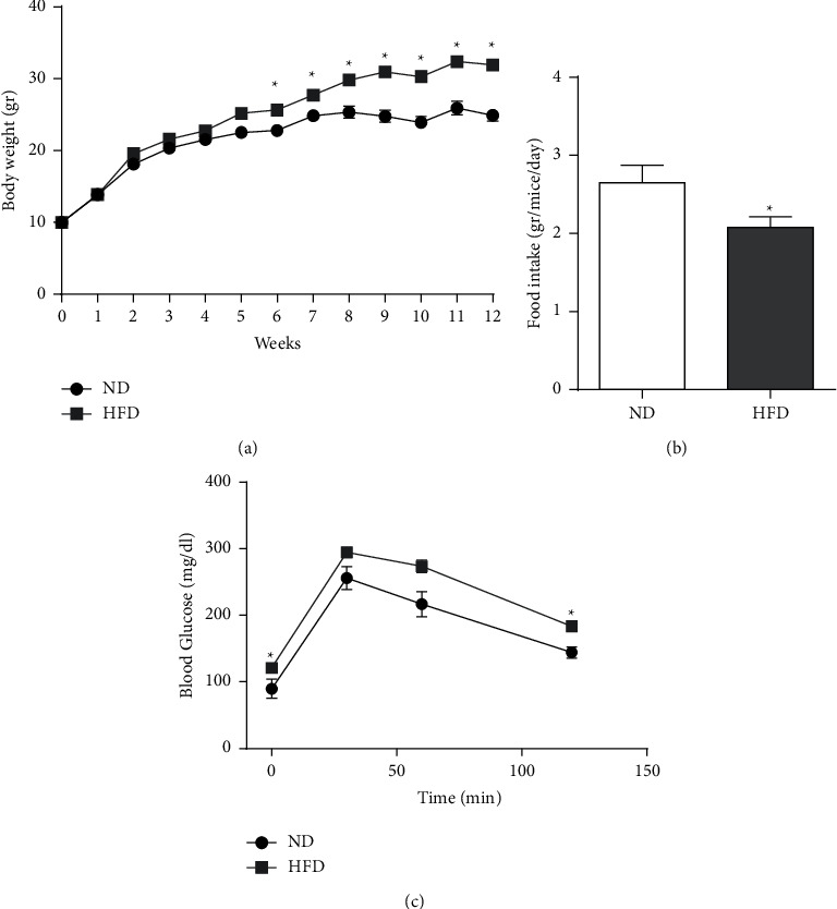 Effects on BW, food intake, tissues weight, and glucose tolerance. Male C57BL/6 J mice were fed with ND or HFD for 12 weeks. (a) BW over experiment duration. (b) Average food intake per mice per day over the experiment duration. (c) Glucose levels between 0 to 120 min during OGTT. All values are expressed as mean ± SEM (n = 8–40). Columns and graphs marked with ∗ are significantly different from ND (p < 0.05).