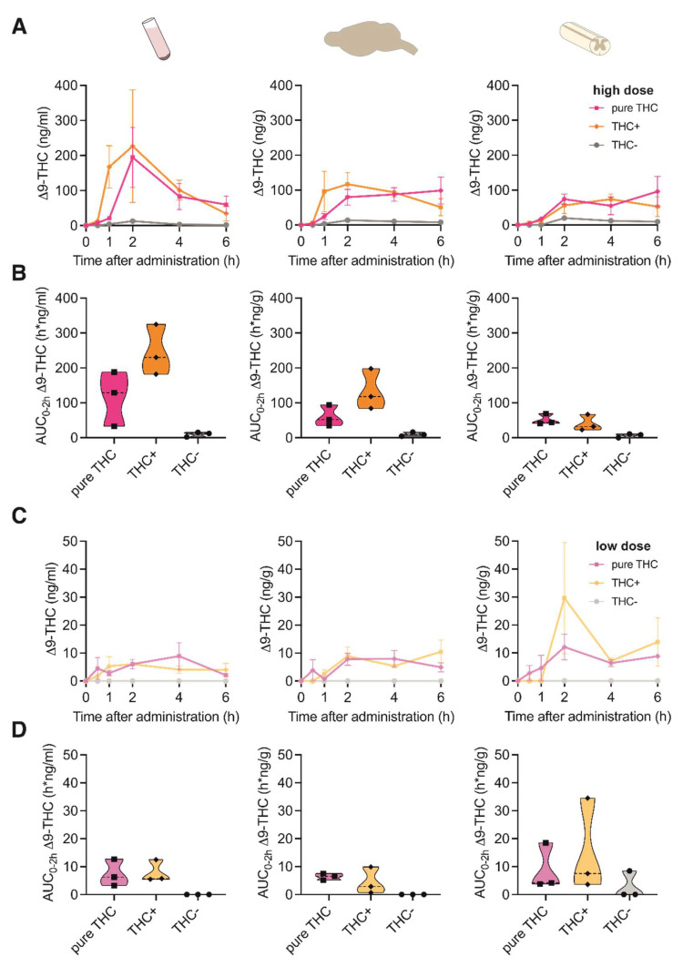 Pharmacokinetic profile of Δ9-THC following oral administration of high and low doses of cannabis extracts and pure THC compound. (A) Concentration-time profiles of Δ9-THC in plasma, brain and spinal cord at 0, 1, 2, 4 and 6 h after oral administration of 20 mg/kg pure THC compound, 40 mg/kg THC+ extract and 1560 mg/kg THC- extract. Data are represented as mean ± SEM, n = 3 per timepoint. (B) Area under the curve (AUC) of Δ9-THC concentrations calculated for the time period 0–2 h after administration for data shown in (A) (AUC0–2h). (C) Concentration-time profiles of Δ9-THC plasma, brain and spinal cord at 0, 1, 2, 4 and 6 h after oral administration of 1 mg/kg pure THC compound, 2 mg/kg THC+ extract and 40 mg/kg THC- extract. Data are represented as mean ± SEM, n = 3 per timepoint. (D) AUC0–2 h of Δ9-THC concentrations calculated for data shown in (C).
