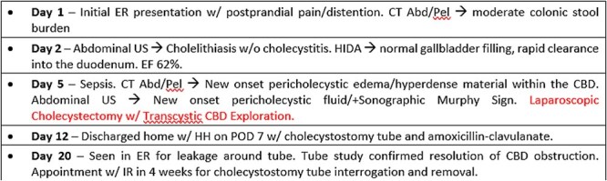 Timeline of events from initial ER presentation to discharge following postoperative recovery.