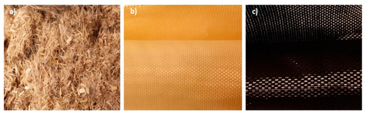 Types and forms of fibres used in laminates: (a) short hemp fibres, (b) aramid fabric, (c) carbon fabric.