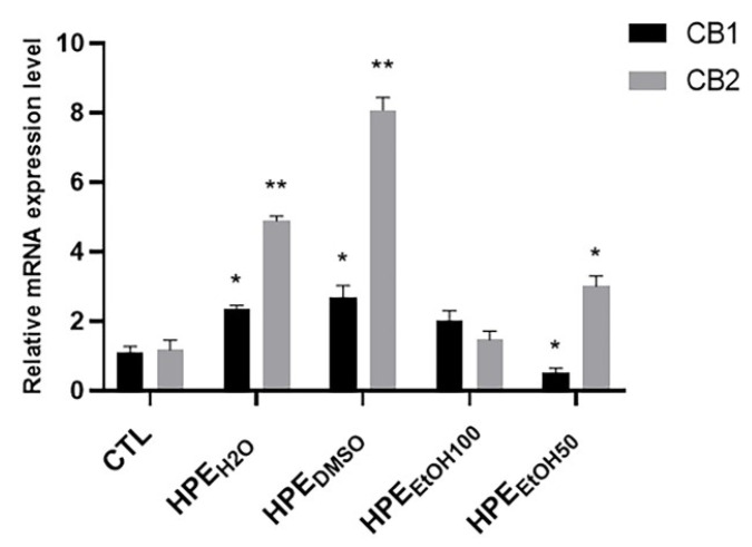 Effects of all HPE extracts on CB1 and CB2 mRNA expression level in human primary FLSs. After 24 h treatment with 0.1 mg/mL of Harpagophytum procumbens root extract (HPE) dissolved in deionized water (HPEH2O), DMSO (HPEDMSO), 100% v/v EtOH (HPEEtOH100), and 50% v/v EtOH (HPEEtOH50), cells were harvested and mRNA was extracted and analyzed by RT-PCR. CB1 and CB2 receptor mRNA levels were reported as relative mRNA expression level with respect to 18S mRNA (2−ΔΔCt method). Results are expressed as mean ± S.E.M. of data obtained by three different experiments. Statistical significance was * p < 0.05; ** p < 0.01.