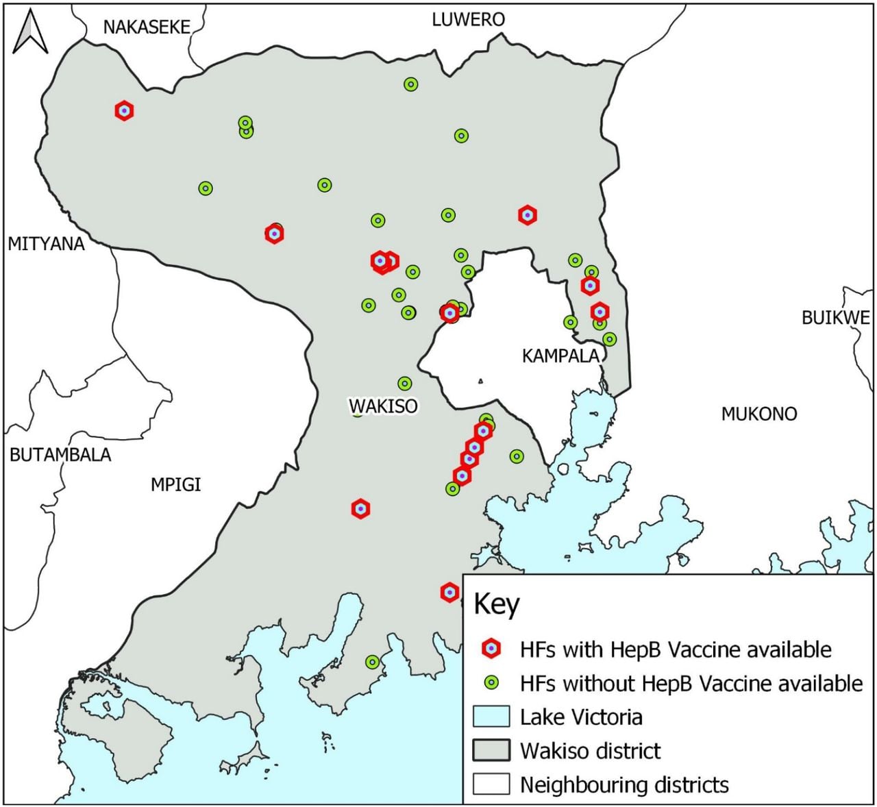 A map showing healthcare facilities with the hepatitis B vaccine in Wakiso district, Uganda