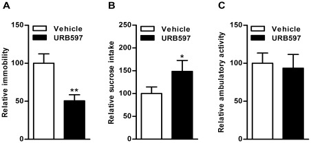 Effect of FAAH inhibition on depressive-like behavior in WKY rats.Treatment with URB597 (0.3 mg/kg, i.p. for 7 days) elicited a significant decrease in total time spent in immobility (50%, p<0.01; A) and a marked increase in sucrose intake (48%, p<0.05; B) without any effect on the spontaneous locomotor activity in the open field (C) in WKY rats compared to vehicle treated WKY rats.