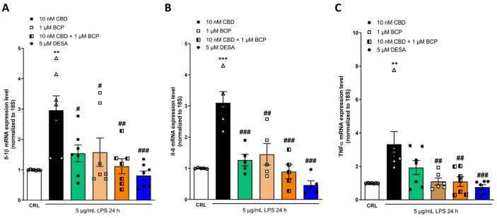 The anti-inflammatory effects of CBD and BCP alone or in combination (1:100) on LPS-stimulated HaCaT cells, evaluated using RT-qPCR. Data shown are the mRNA levels of IL-1β (A), Il-6 (B), and TNFα (C) in HaCaT cells exposed for 24 h to 5 µg/mL of LPS alone or in presence of CBD 10 nM or BCP 1 µM, alone or in combination. The combination induced a significant reduction in the expression levels of IL-1β (A), IL-6 (B), and TNFα (C) compared to LPS. ** p < 0.01 and *** p < 0.001 vs. CRL, # p < 0.05, ## p < 0.01, and ### p < 0.001 vs. LPS. (ANOVA + Tukey’s w-test). Δ represented LPS alone. ○ represented CRL alone.