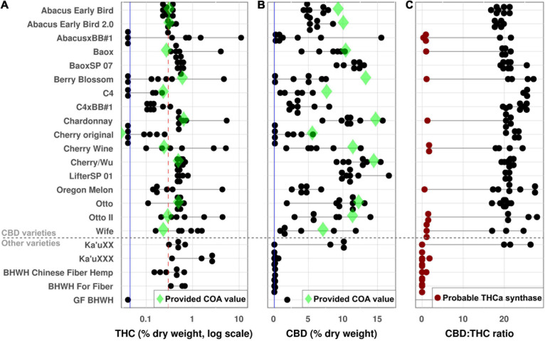Cannabinoid analysis. THC and CBD were determined for all plants as a percent dry weight of harvested material. Each dot represents a single plant, and horizontal black lines show the range of values for a given accession. Green diamonds show the value provided on the Certificate of Analysis (COA) for each variety, and vertical blue lines show the limit of detection. (A) THC values. The red dotted line is maximum allowable value in the United States (0.3%); plants above this line would be considered marijuana. (B) CBD. (C) CBD:THC ratio. Red dots indicate plants whose measured CBD:THC ratio indicates the presence of at least one active THCa synthase gene.