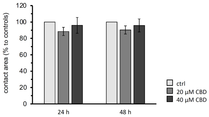 Contact areas size analysis of the paired oocyte assay after 24 h and 48 h. CBD revealed no changes in contact areas of claudin 4/5/18 expressing oocyte pairs (CLDN4/5/18 + CLDN4/5/18). Data are presented in mean ± SEM (N = 6, ctrl: n = 18, 20 µM CBD: n = 28, 40 µM CBD: n = 24, p > 0.05, Kruskal–Wallis test followed by a Dunn–Bonferroni correction).