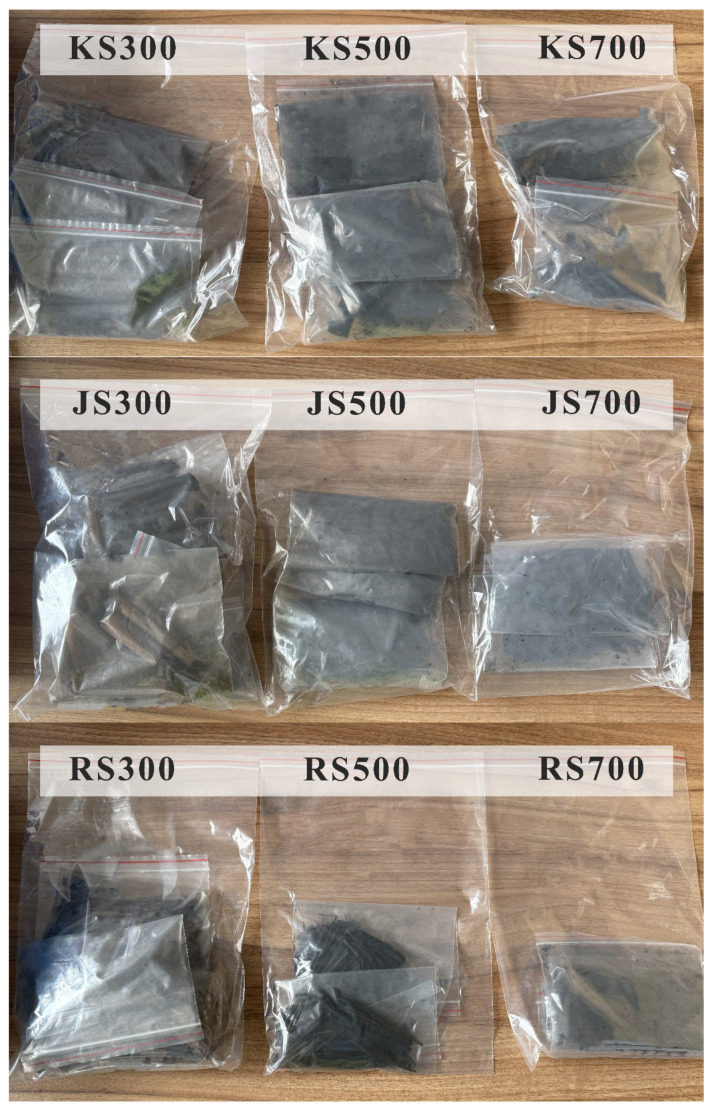 Nine samples of biochar.