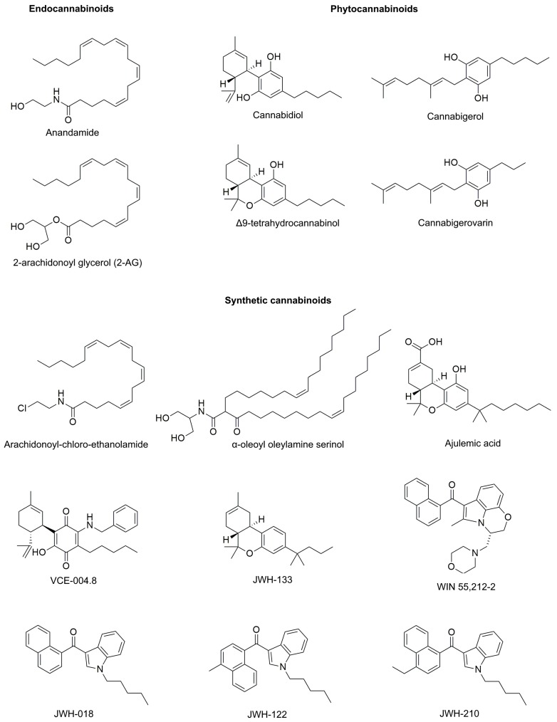 The chemical formulas of the most relevant endo-, phyto-, and synthetic cannabinoids.