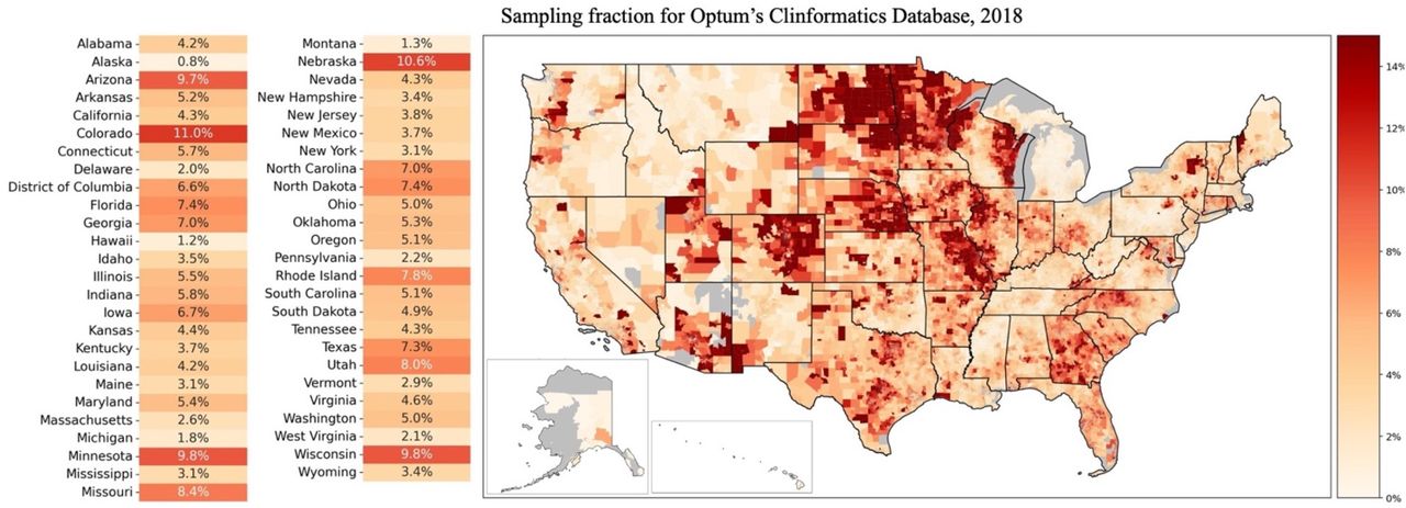 Zip-code and state-level variation in sampling in Optum’s Clinformatics® Data Mart Database (CDM) in 2018. The right panel displays CDM sampling in each zip-code, estimated from the number of patients with coverage in CDM on June 1, 2018. The left panel displays the estimated state-level sampling using the same criteria.