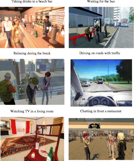 Screenshots of the virtual environments utilized in the present study. Note the surrounding avatars smoking cigarettes