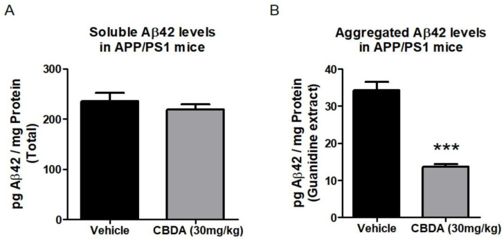 Effect of chronic treatment with CBDA (30 mg/kg) on the levels of soluble and aggregated extracts of Aβ42 in APP/PS1 mice at 9 months. (A) Bar chart showing no significant changes in levels of soluble Aβ42 between vehicle-treated (235.8 ± 16.8, n = 9) and CBDA-treated (219.4 ± 10.3, n = 10) APP/PS1 mice. (B) Levels of Aβ42 in the aggregated extract were significantly lower in CBDA-treated APP/PS1 mice (13.7 ± 0.7, n = 10) than in vehicle-treated control APP/PS1 mice (34.2 ± 2.4, n = 9) (*** p < 0.001). Data presented as mean ± SEM and analysed using unpaired Student’s t-test.