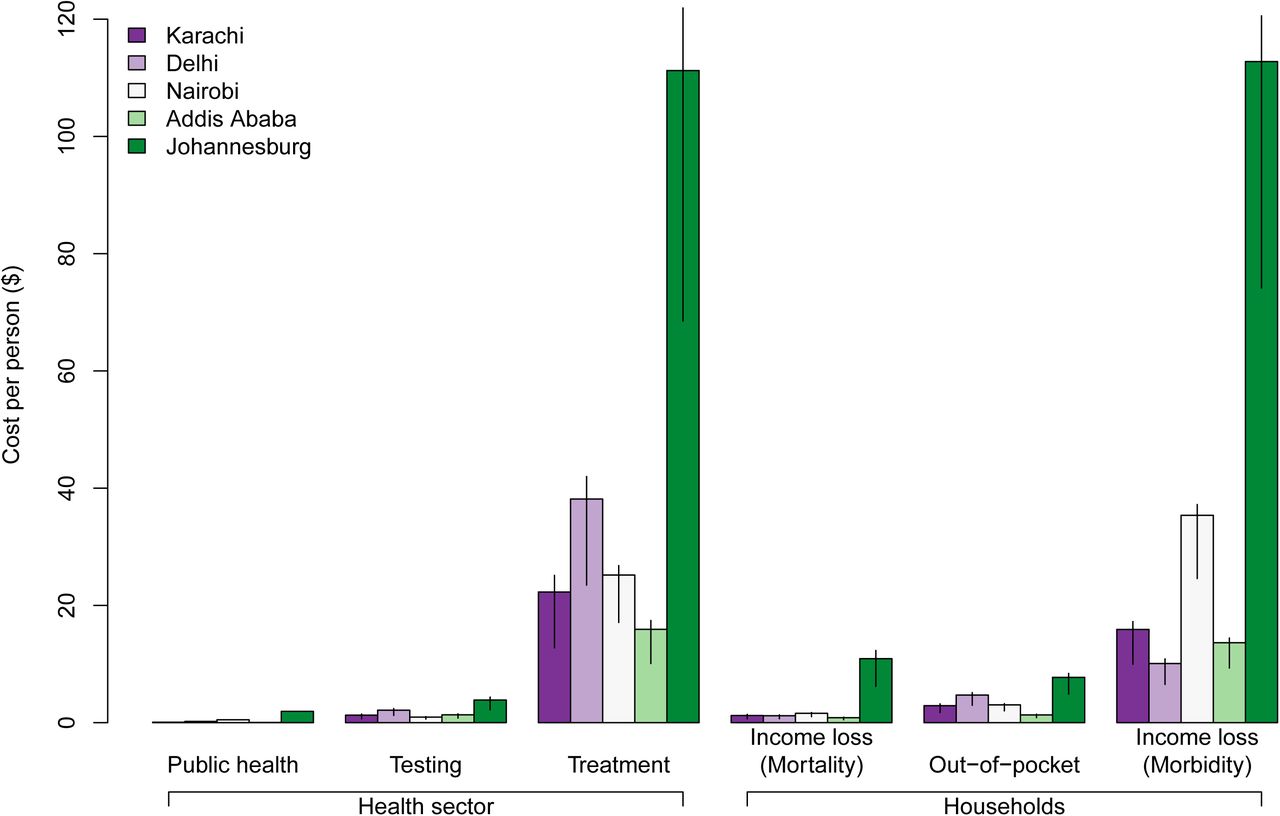 Economic costs per person in the population due to COVID-19 falling on the health system (planning, response, distancing, testing and treatment) and on households (mortality, out-of-pocket, income loss). Error bars show 95% uncertainty range.