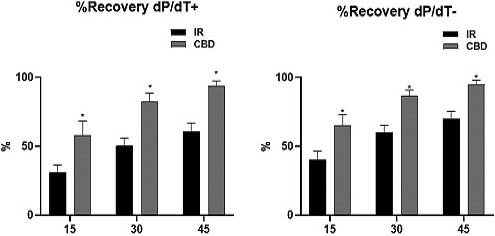 Recovery percentages at 15, 30, and 45 min after restoring flow and carbogen (reperfusion) in untreated hearts (IR) and in hearts treated 10 days before with CBD in doses of 5 mg/kg, c/24 h IP. Means ± SEM are shown considering n = 6 rats per group, *p ≤ .005 CBD versus IR