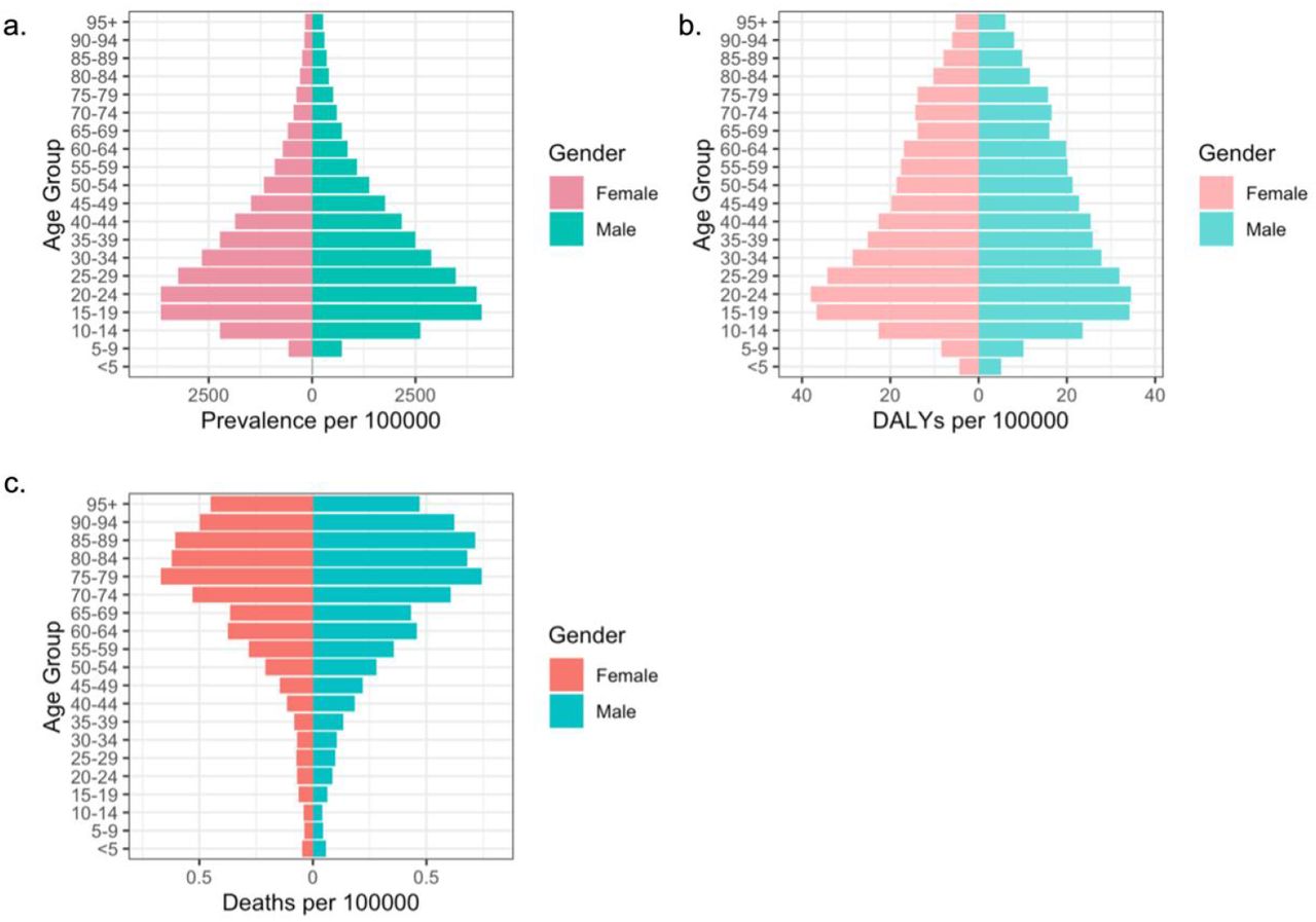 The prevalence, DALYs, and death rates across different genders and age groups in 2021 around the world.a. Prevalence rate. b. DALYs rate. c. Death rate.