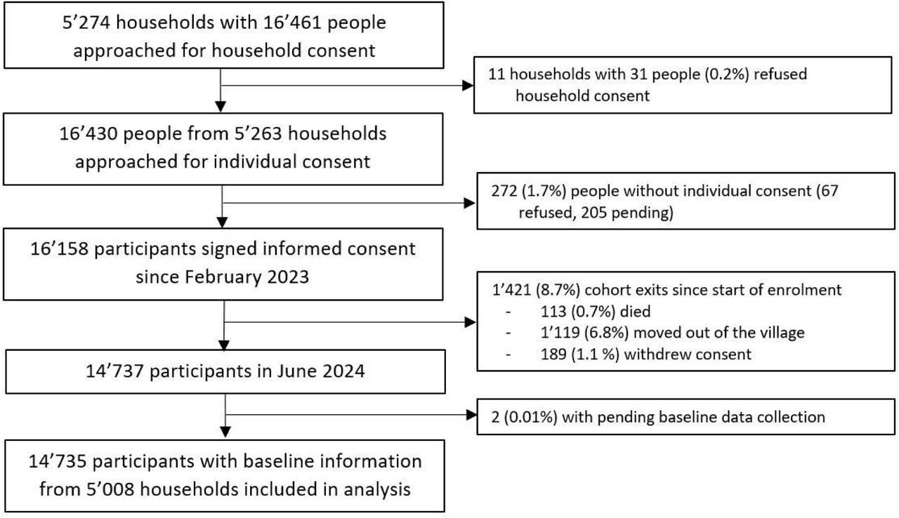 Overview of consent, enrolment, and retention of households and participants in the ComBaCaL cohort.